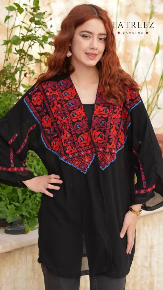 Jawhara Black Chiffon Top | Handmade with Red and Blue Embroidery - One size - Clothing & Wearables