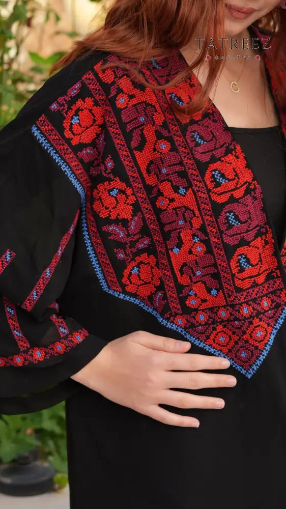 Jawhara Black Chiffon Top | Handmade with Red and Blue Embroidery - One size - Clothing & Wearables