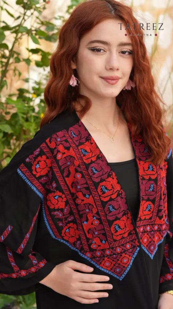 Jawhara Black Chiffon Top | Handmade with Red and Blue Embroidery - One size - Clothing & Wearables