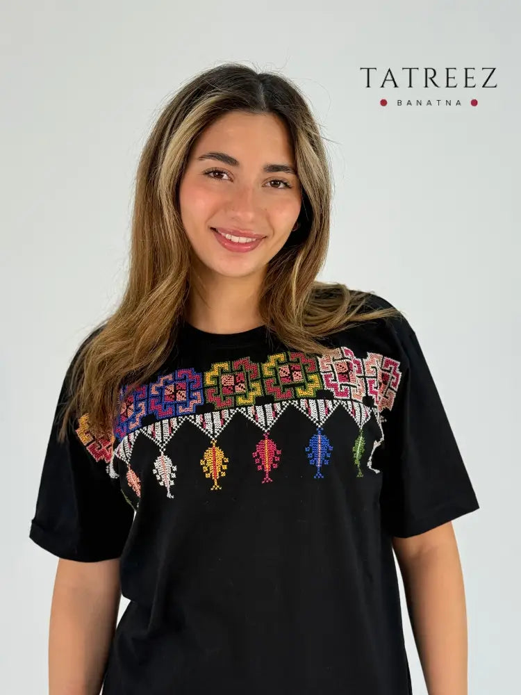Khemet Al Ra3e T-Shirt: Black with Hand Embroidered Palestinian Designs Clothing & Wearables