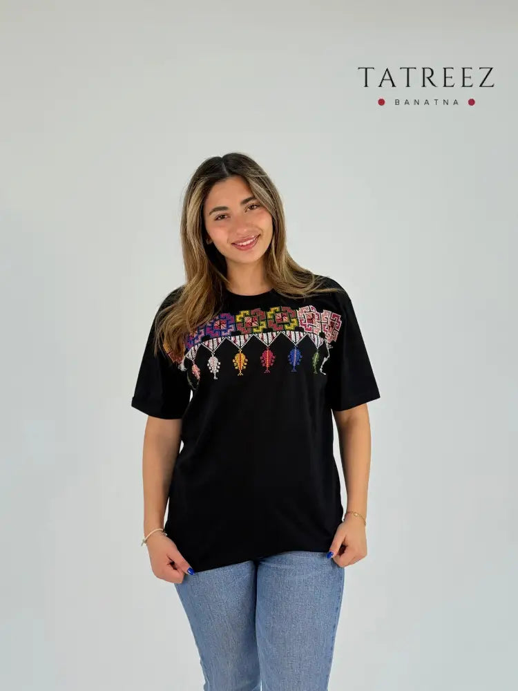 Khemet Al Ra3e T-Shirt: Black with Hand Embroidered Palestinian Designs Clothing & Wearables