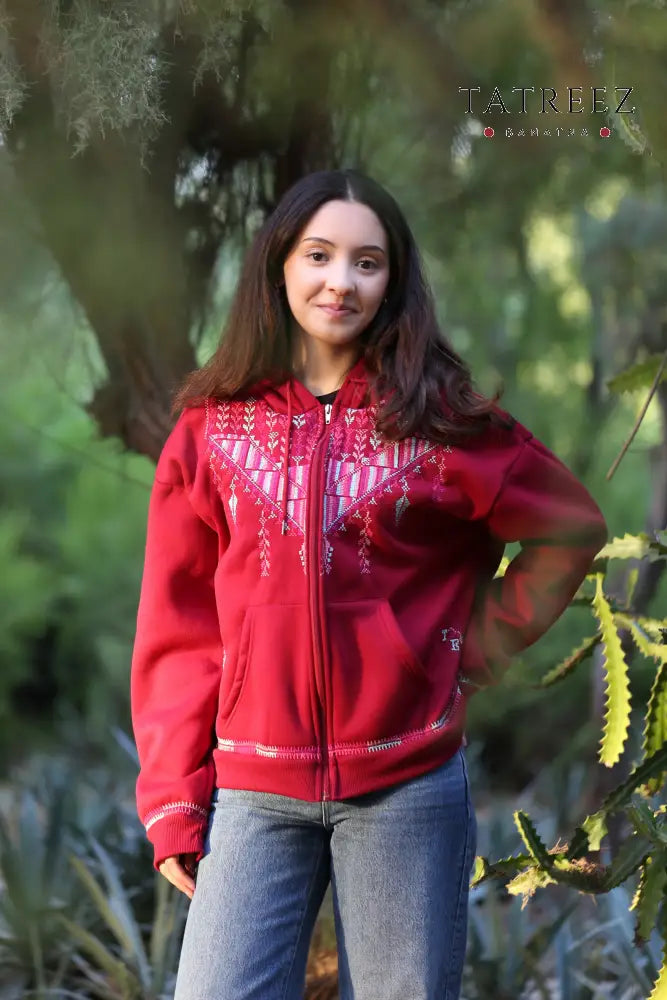 Cozy Red ’Laila’ Hoodie with Zipper and Handmade Embroidery | Tradition Meets Modern Style Clothing & Wearables