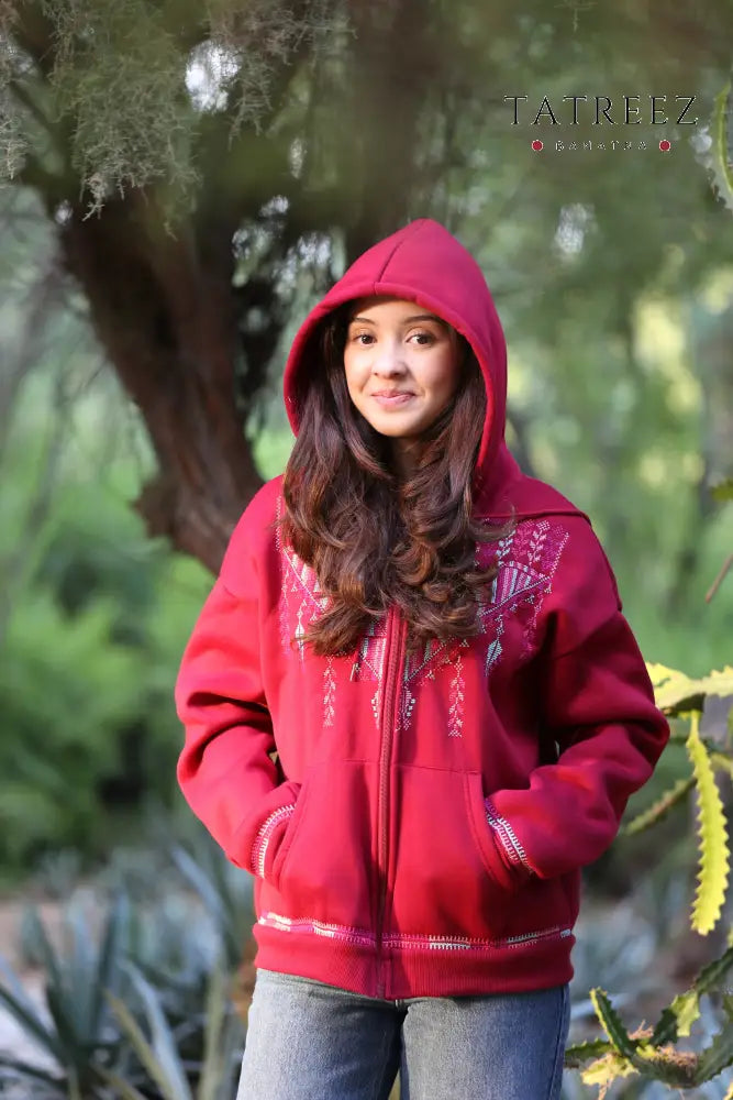 Cozy Red ’Laila’ Hoodie with Zipper and Handmade Embroidery | Tradition Meets Modern Style Clothing & Wearables