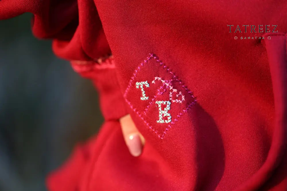 Cozy Red ’Laila’ Hoodie with Zipper and Handmade Embroidery | Tradition Meets Modern Style Clothing & Wearables
