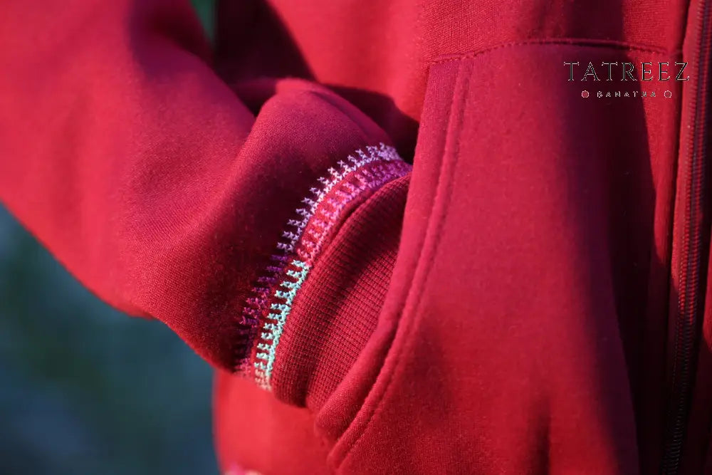 Cozy Red ’Laila’ Hoodie with Zipper and Handmade Embroidery | Tradition Meets Modern Style Clothing & Wearables