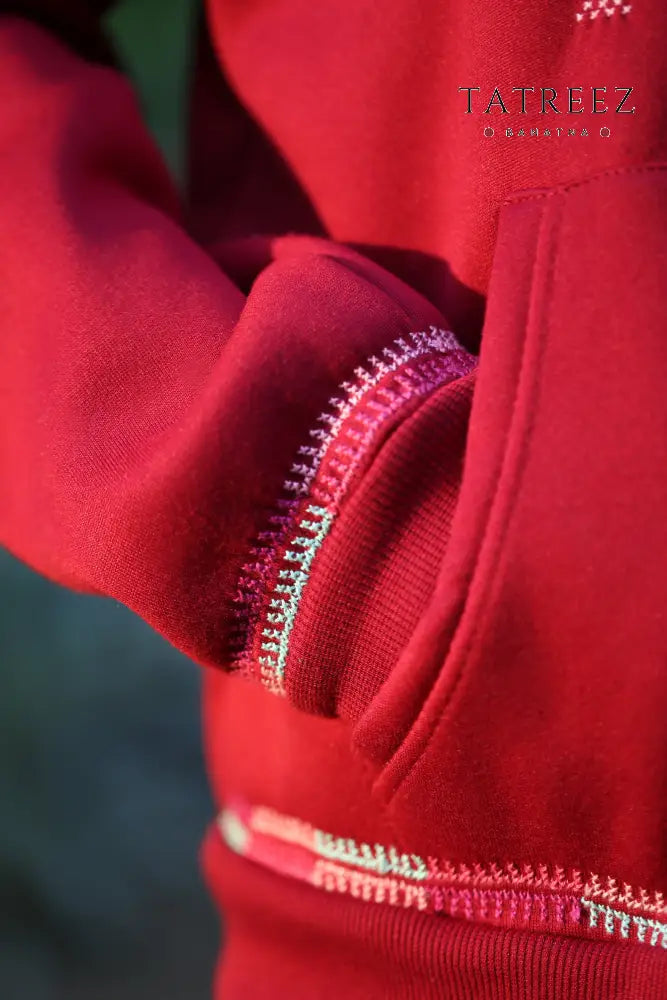 Cozy Red ’Laila’ Hoodie with Zipper and Handmade Embroidery | Tradition Meets Modern Style Clothing & Wearables