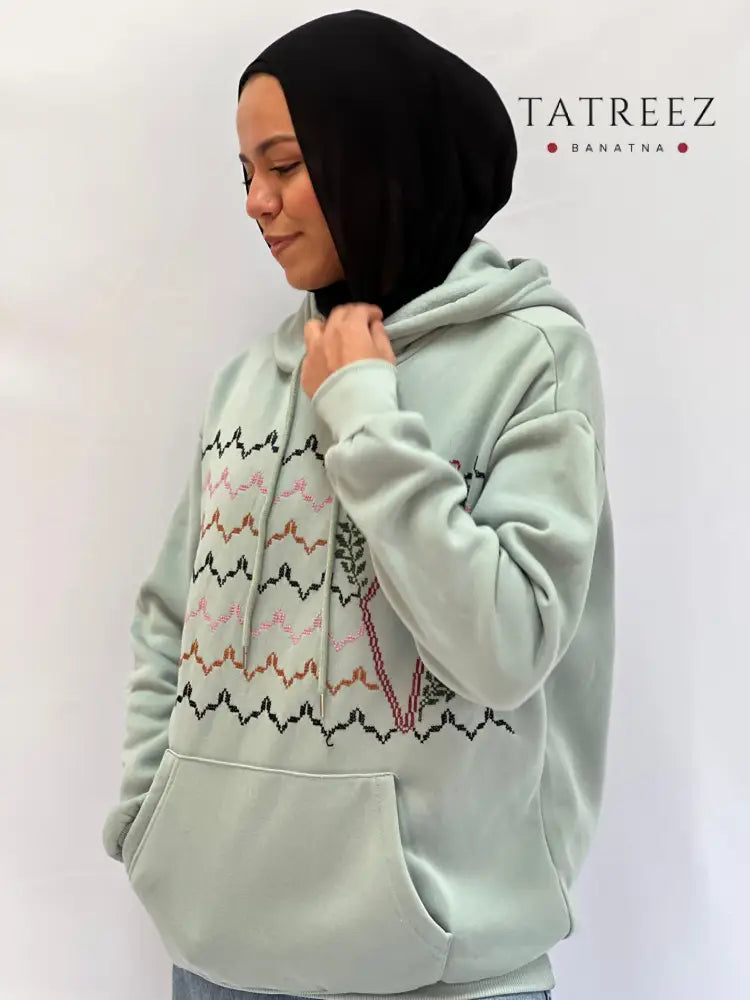 Unique Medium Light Green Hoodie with Kofea Design and Palestinian Map - Celebrate Heritage - Clothing & Wearables
