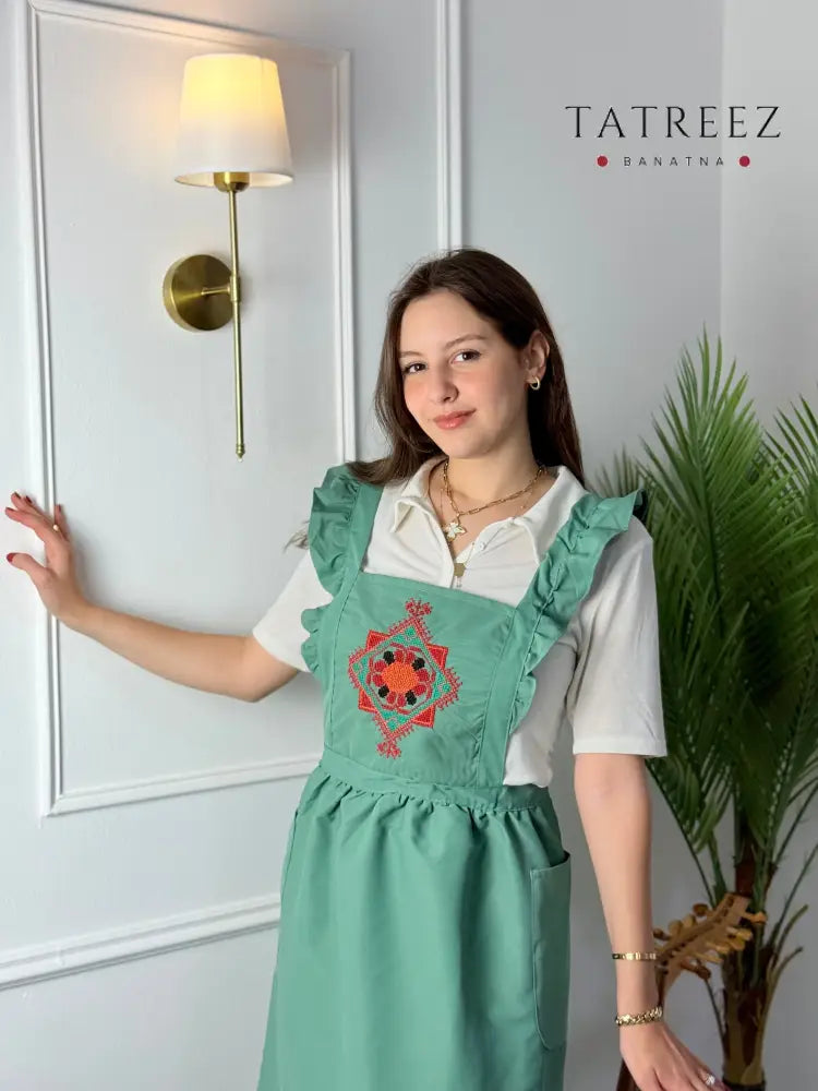 Light Green Waterproof Apron with Embroidery | Handmade Kitchen Apron Clothing & Wearables