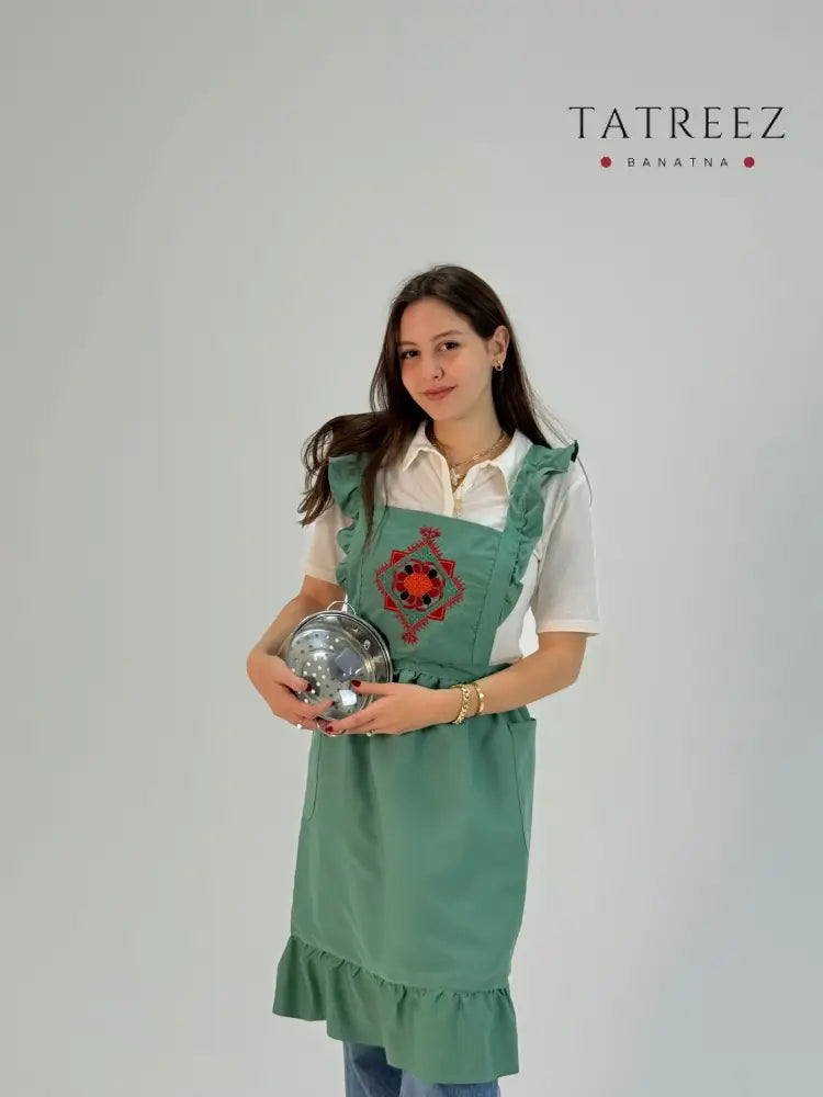 Light Green Waterproof Apron with Embroidery | Handmade Kitchen Apron Clothing & Wearables