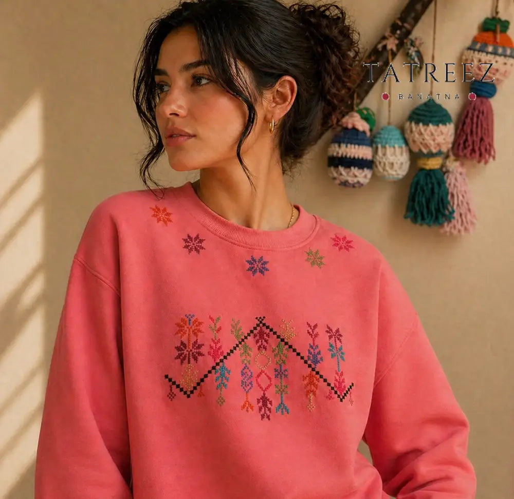 Light Pink Sweatshirt – Handmade Palestinian Tatreez Embroidery - Clothing & Wearables
