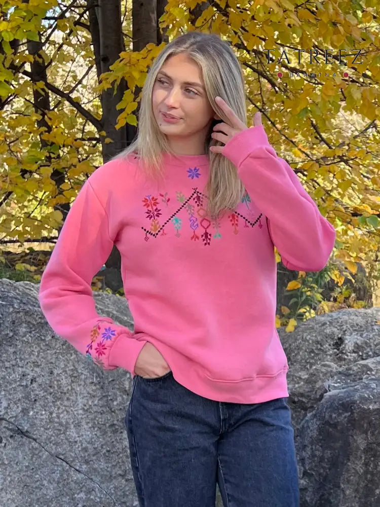 Light Pink Sweatshirt with Beautiful Palestinian Embroidery – A Modern Take on Heritage Clothing & Wearables