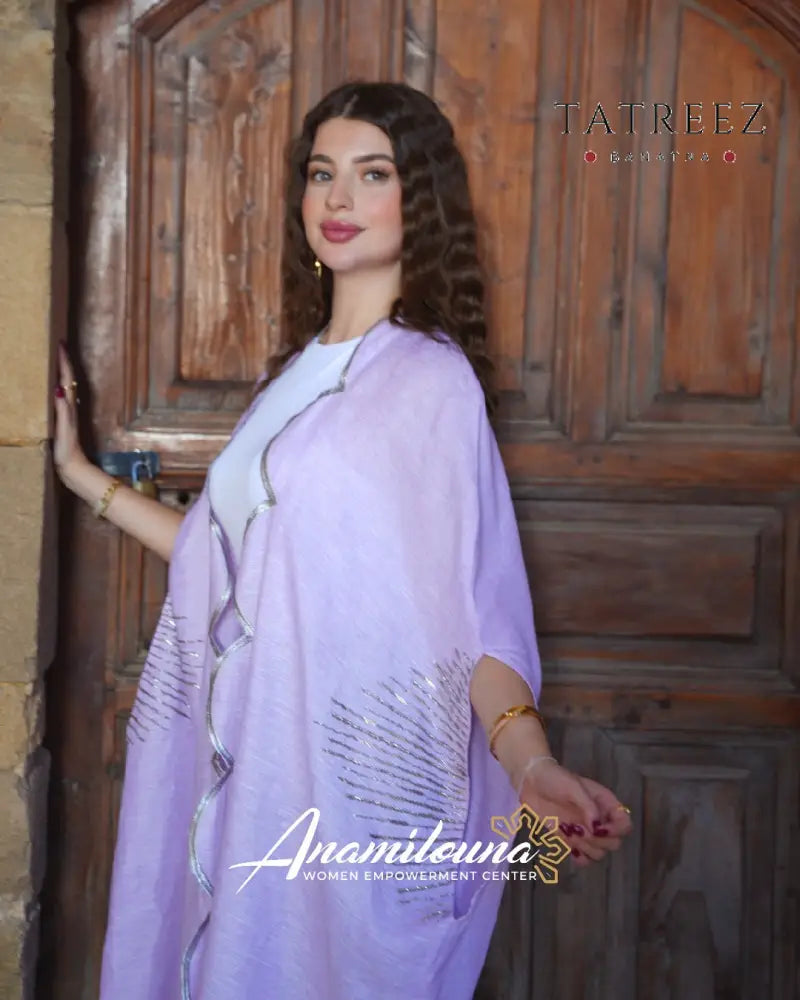 Light Lilac Linen Abaya / Bisht – Hand-Embroidered Silver Beads | Free Size One size Clothing & Wearables
