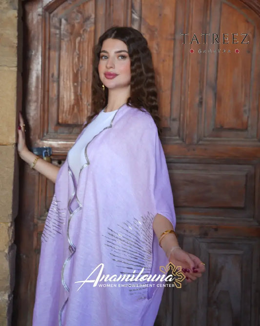 Light Lilac Linen Abaya / Bisht – Hand-Embroidered Silver Beads | Free Size One size Clothing & Wearables
