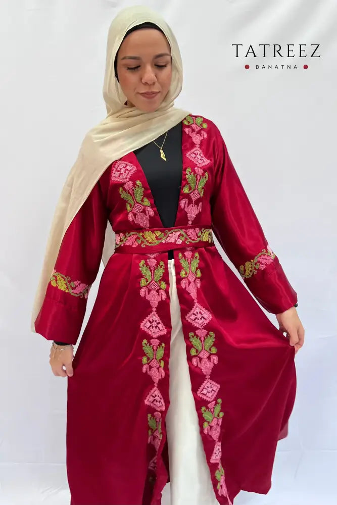 Elegant Handmade Linen Abaya Robe with Palestinian Embroidery - Custom Sizes Available One size Clothing & Wearables
