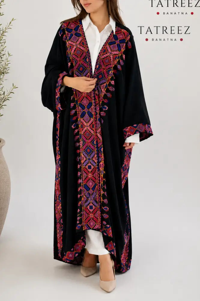 Maha Black Crepe Georgette Abaya/Bisht – Handmade Palestinian Tatreez - One size - Clothing & Wearables