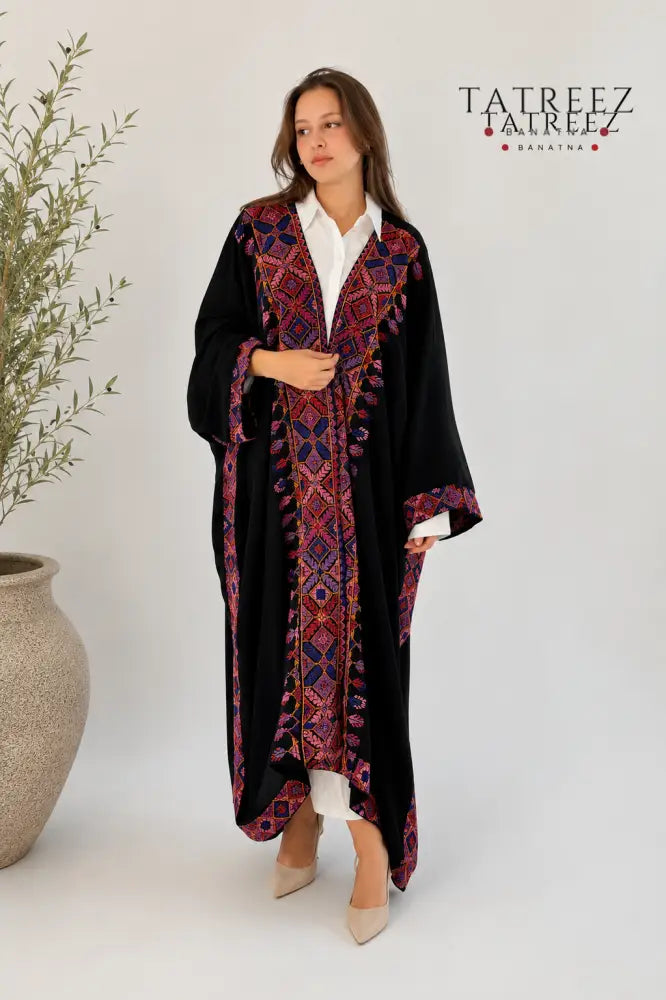 Maha Black Crepe Georgette Abaya/Bisht – Handmade Palestinian Tatreez - One size - Clothing & Wearables