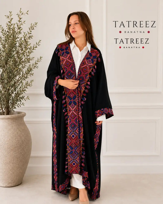Maha Black Crepe Georgette Abaya/Bisht – Handmade Palestinian Tatreez - One size - Clothing & Wearables