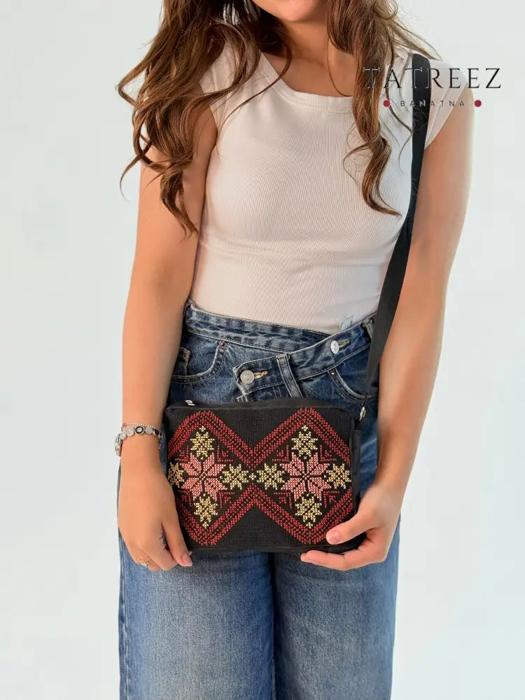 Cute Handmade Messenger Bag with Geometric Embroidery - Burlap and Etamin Flowers Accessories