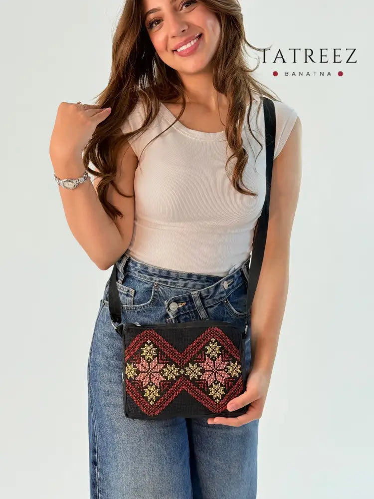 Cute handmade messenger bag made from burlap, featuring etamin flowers and geometric embroidery, lightweight and practical.