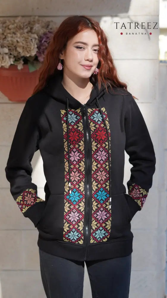 Motarraza Handmade Black Cotton Hoodie with Vibrant Embroidery - Clothing & Wearables