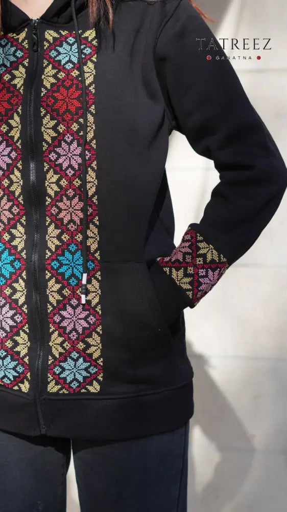 Motarraza Handmade Black Cotton Hoodie with Vibrant Embroidery - Clothing & Wearables