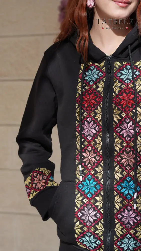 Motarraza Handmade Black Cotton Hoodie with Vibrant Embroidery - Clothing & Wearables