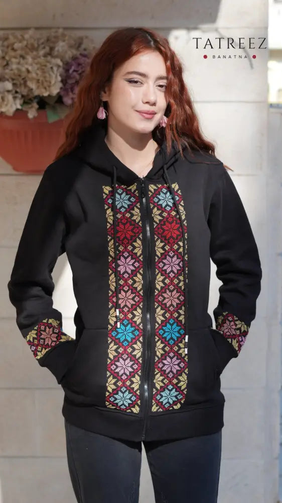Motarraza Handmade Black Cotton Hoodie with Vibrant Embroidery - Clothing & Wearables