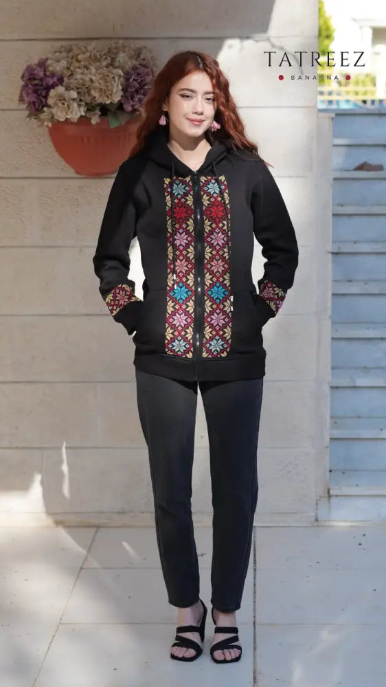 Motarraza Handmade Black Cotton Hoodie with Vibrant Embroidery - Clothing & Wearables