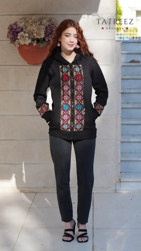 Motarraza Handmade Black Cotton Hoodie with Vibrant Embroidery - Clothing & Wearables