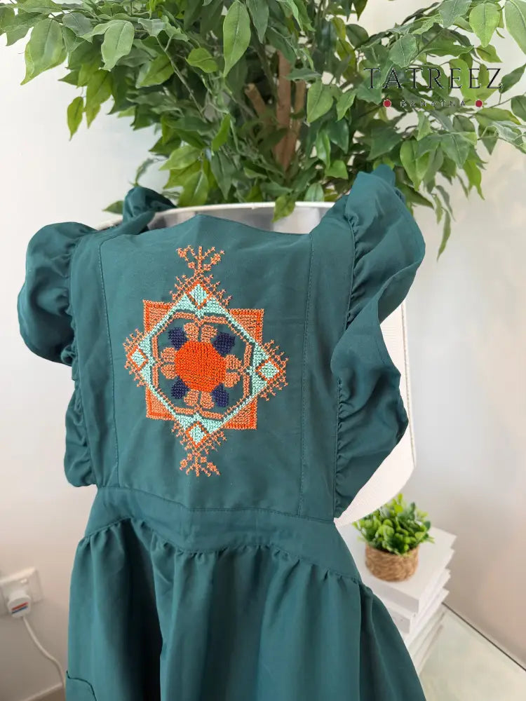 Multi-Color Apron with Geometric Tatreez Motif Dark Green Clothing & Wearables