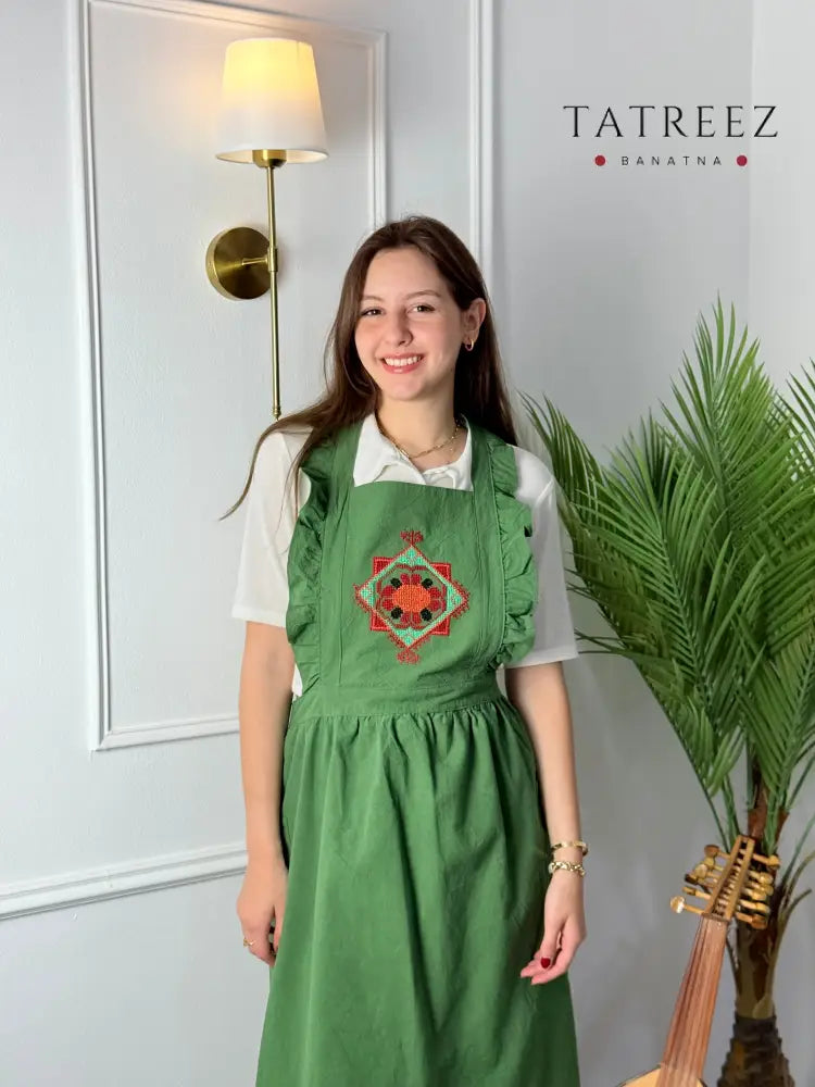 Multi-Color Apron with Geometric Tatreez Motif Green Clothing & Wearables