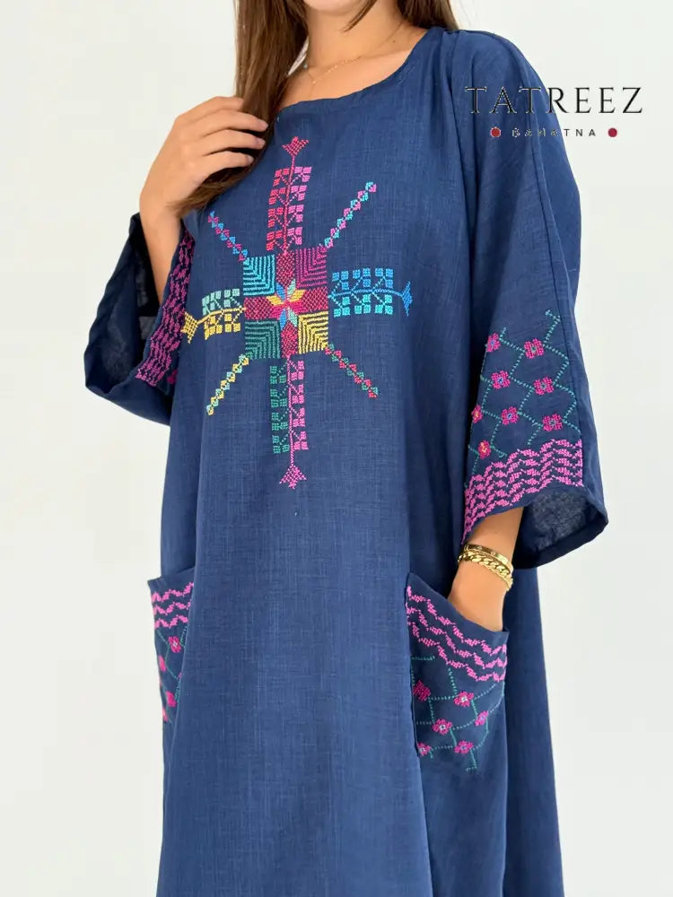 Handmade Navy Linen Dress with Kofea and Tatreez Patterns. Versatile for Daily Wear Ramadan Events One size Clothing &