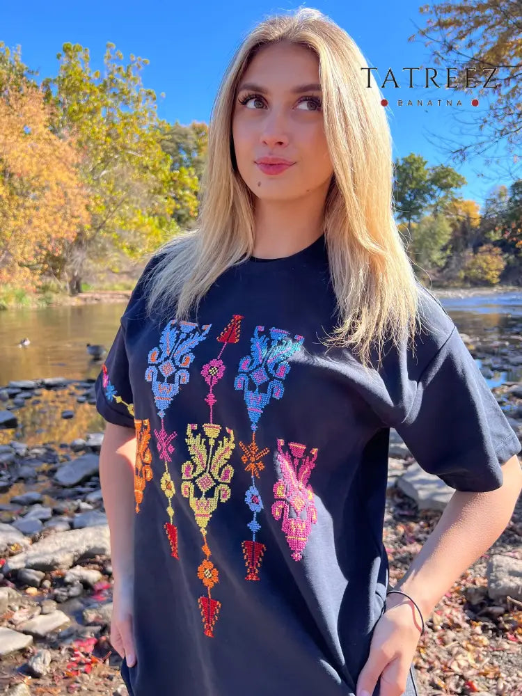 Navy Oversized T-Shirt with Kasat Tareez | Unique Statement Piece by Resilient Artisans Clothing & Wearables