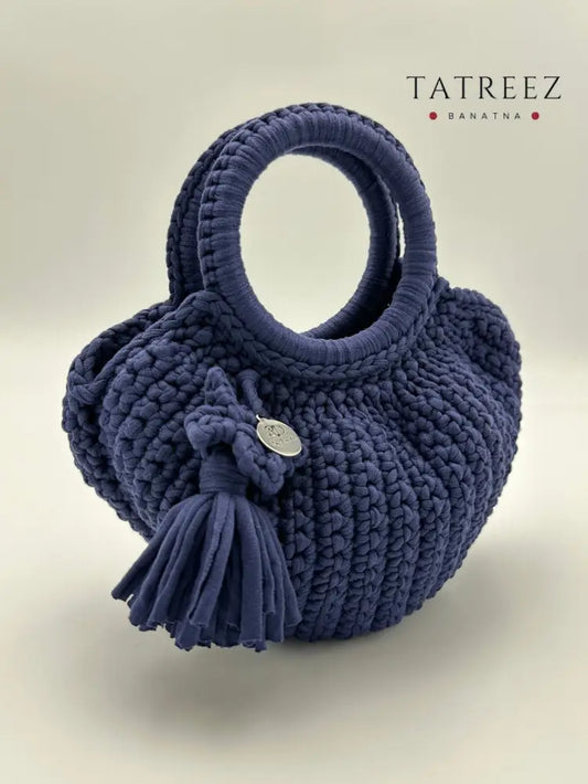 Navy Petal: Handmade Crochet Clutch with Floral Accent by Rand Sac by Randa Accessories