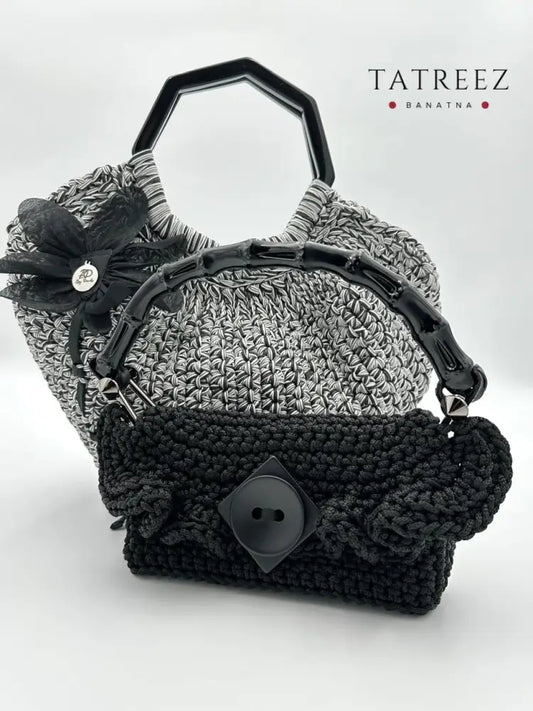 Noir: Handmade Black Crochet Clutch with Unique Button by Rand Sac by Randa Accessories