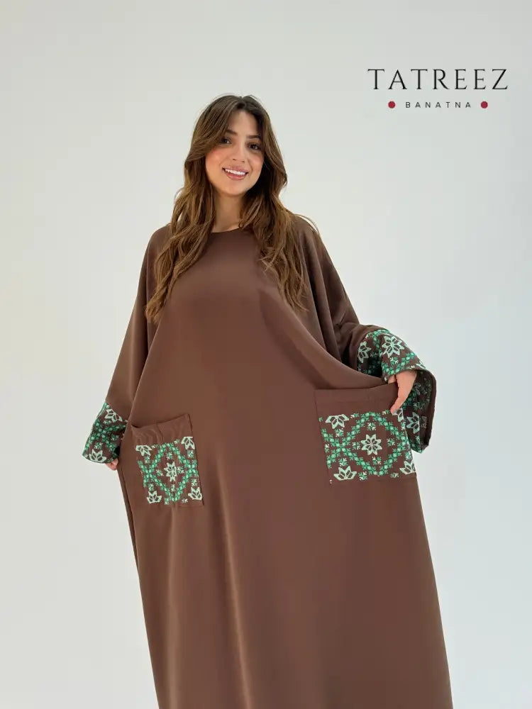 Nora | Elegant Handmade Abaya in Brown with Turquoise Embroidery One size Clothing & Wearables