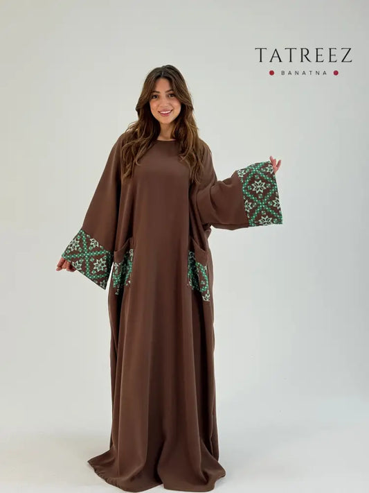 Nora | Elegant Handmade Abaya in Brown with Turquoise Embroidery One size Clothing & Wearables