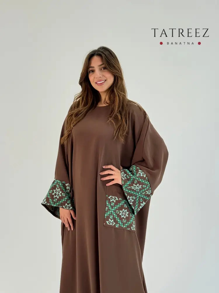 Nora | Elegant Handmade Abaya in Brown with Turquoise Embroidery One size Clothing & Wearables