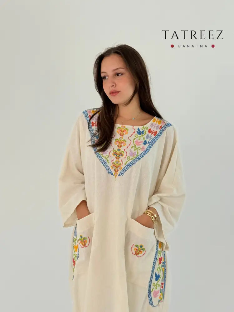 Handmade Fusion Dress Abaya Thoub Off White with Palestinian Tatreez - Daily Wear & Event Ready One size Clothing &