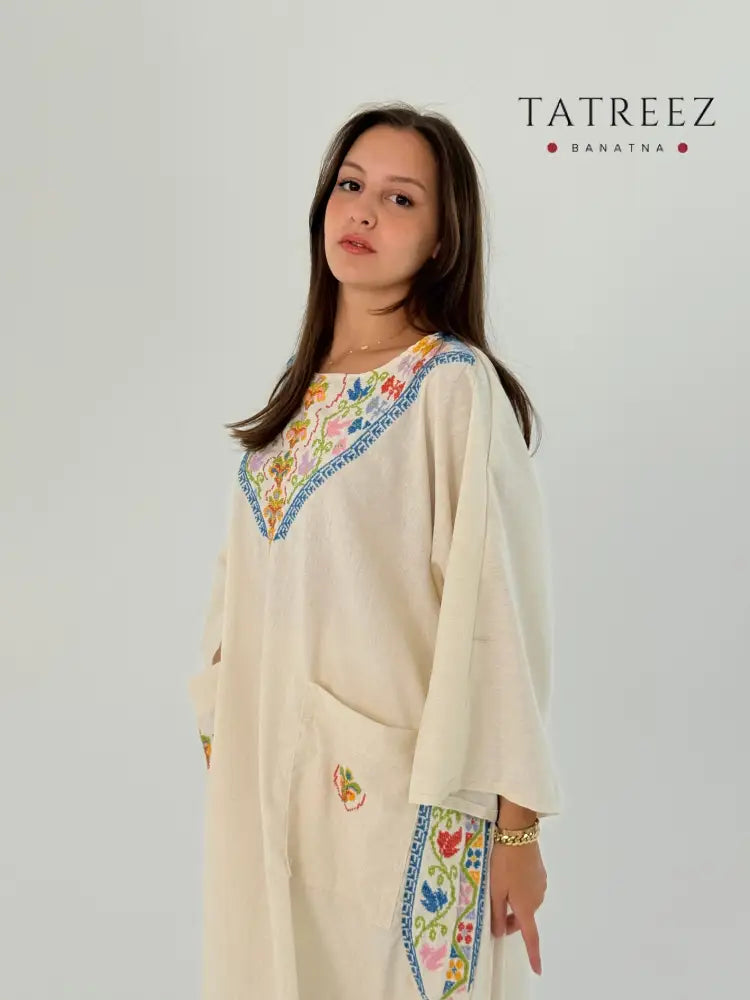 Handmade Fusion Dress Abaya Thoub Off White with Palestinian Tatreez - Daily Wear & Event Ready One size Clothing &