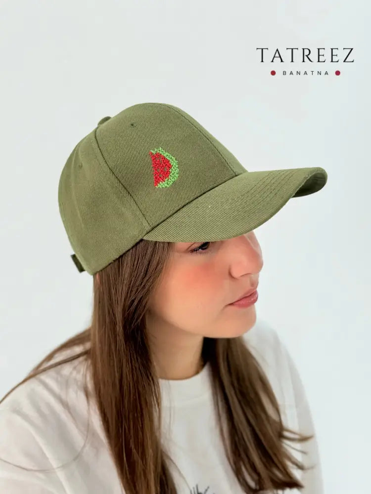 Olive cap hat with embroidered watermelon.
