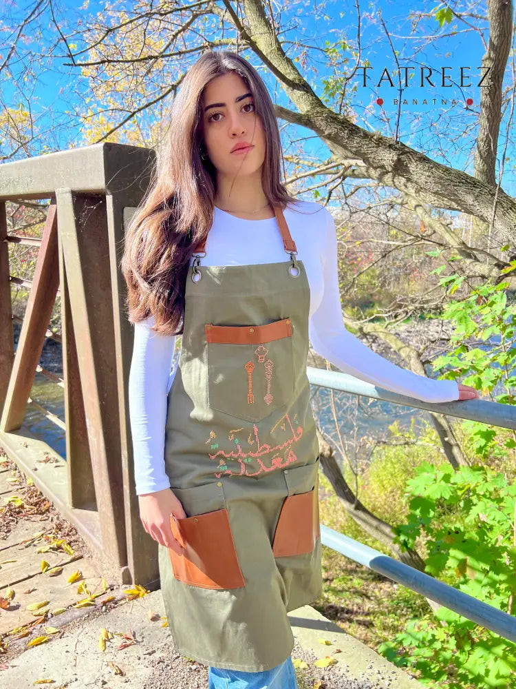Olive Green Apron with Hand-Embroidered Palestinian Motif Peach and Brown Spoons – Super Beautiful and Cute Clothing &