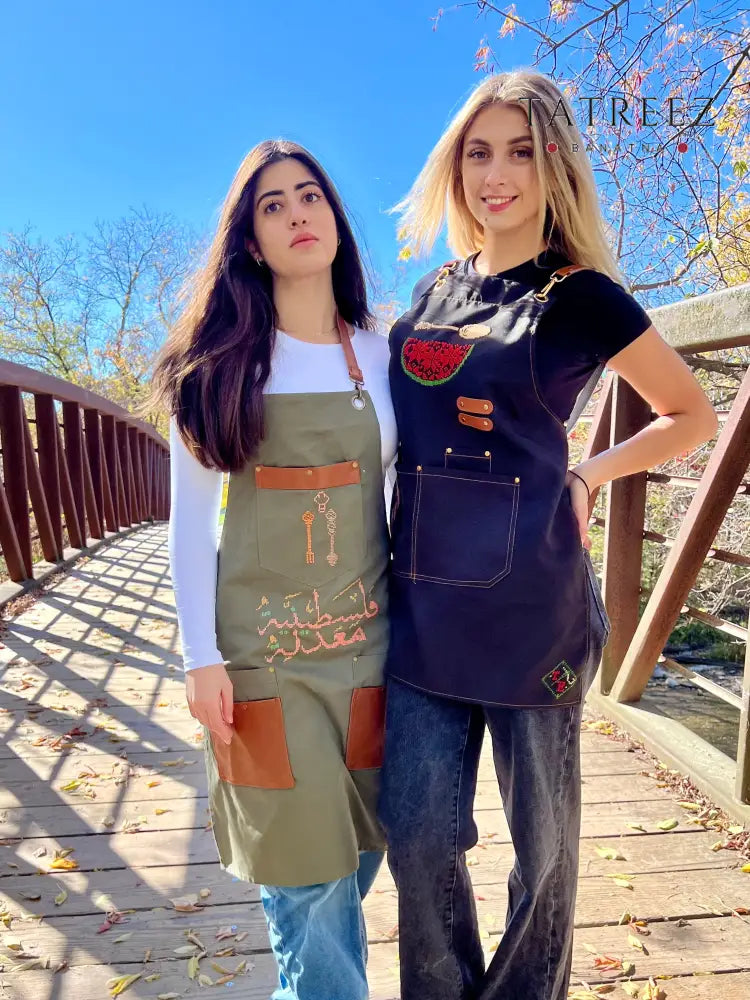 Olive Green Apron with Hand-Embroidered Palestinian Motif Peach and Brown Spoons – Super Beautiful and Cute Clothing &