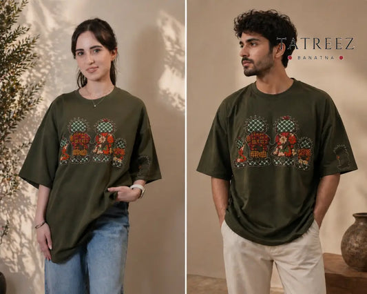 Olive Oversize T-Shirt – Hand-Embroidered Handhala Palestinian Tatreez - Clothing & Wearables