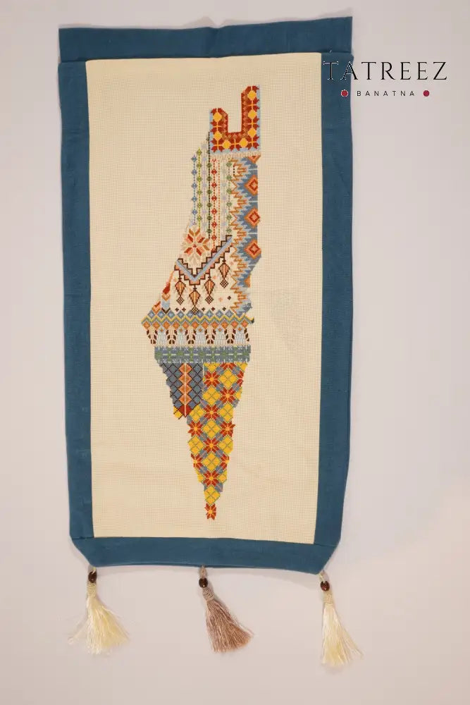 Handmade moallaqa Palestine map wall hanging with tatreez embroidery