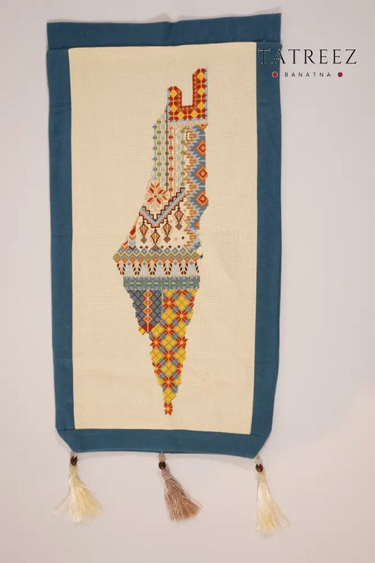 Handmade moallaqa Palestine map wall hanging with tatreez embroidery