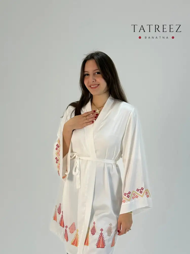 Palestinian Bride Robe with Tatreez Embroidery | Handmade Silk Bridal Thoub Clothing & Wearables
