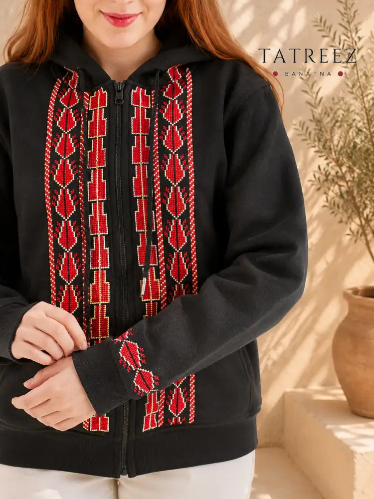 Palestinian Embroidered Zipper Hoodie – Handmade Tatreez - Clothing & Wearables