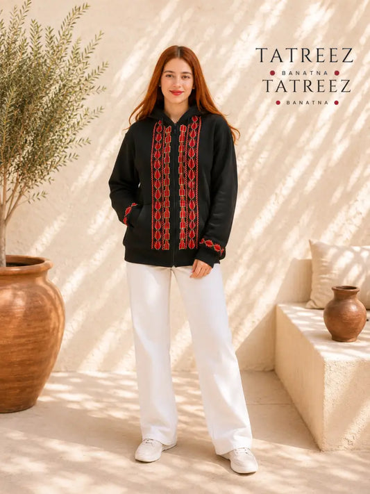 Palestinian Embroidered Zipper Hoodie – Handmade Tatreez - Clothing & Wearables