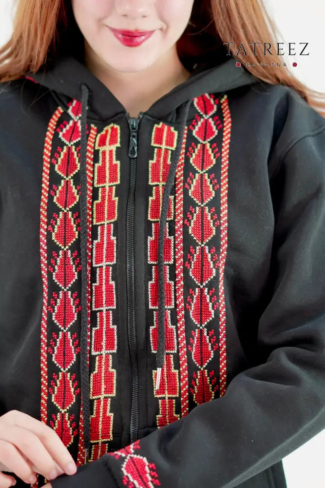 Beautiful Palestinian Embroidered Hoodie with Zipper Front - Unique Fashion Statement Clothing & Wearables
